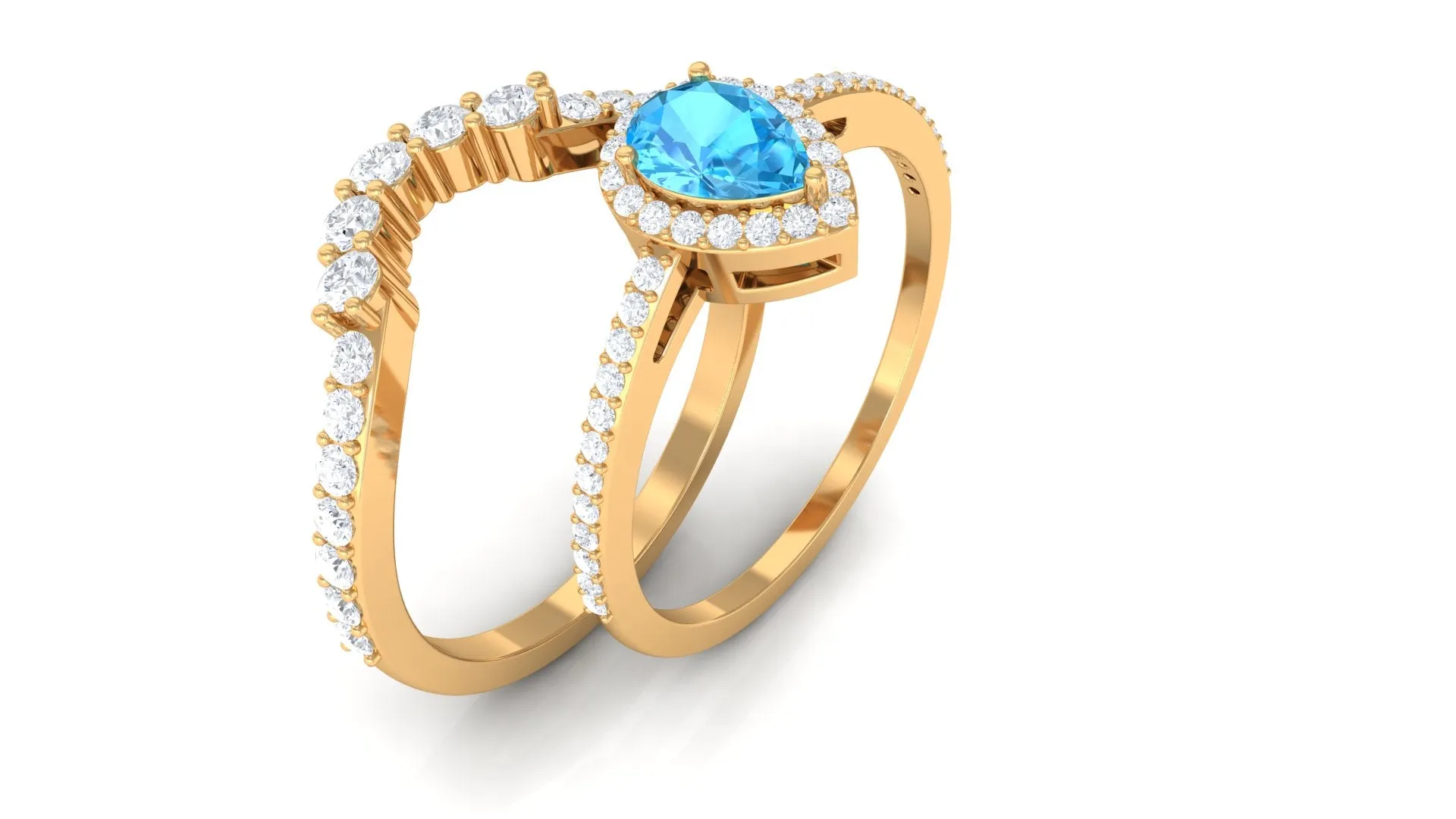 Swiss Blue Topaz Teardrop Designer Ring Set with Moissanite