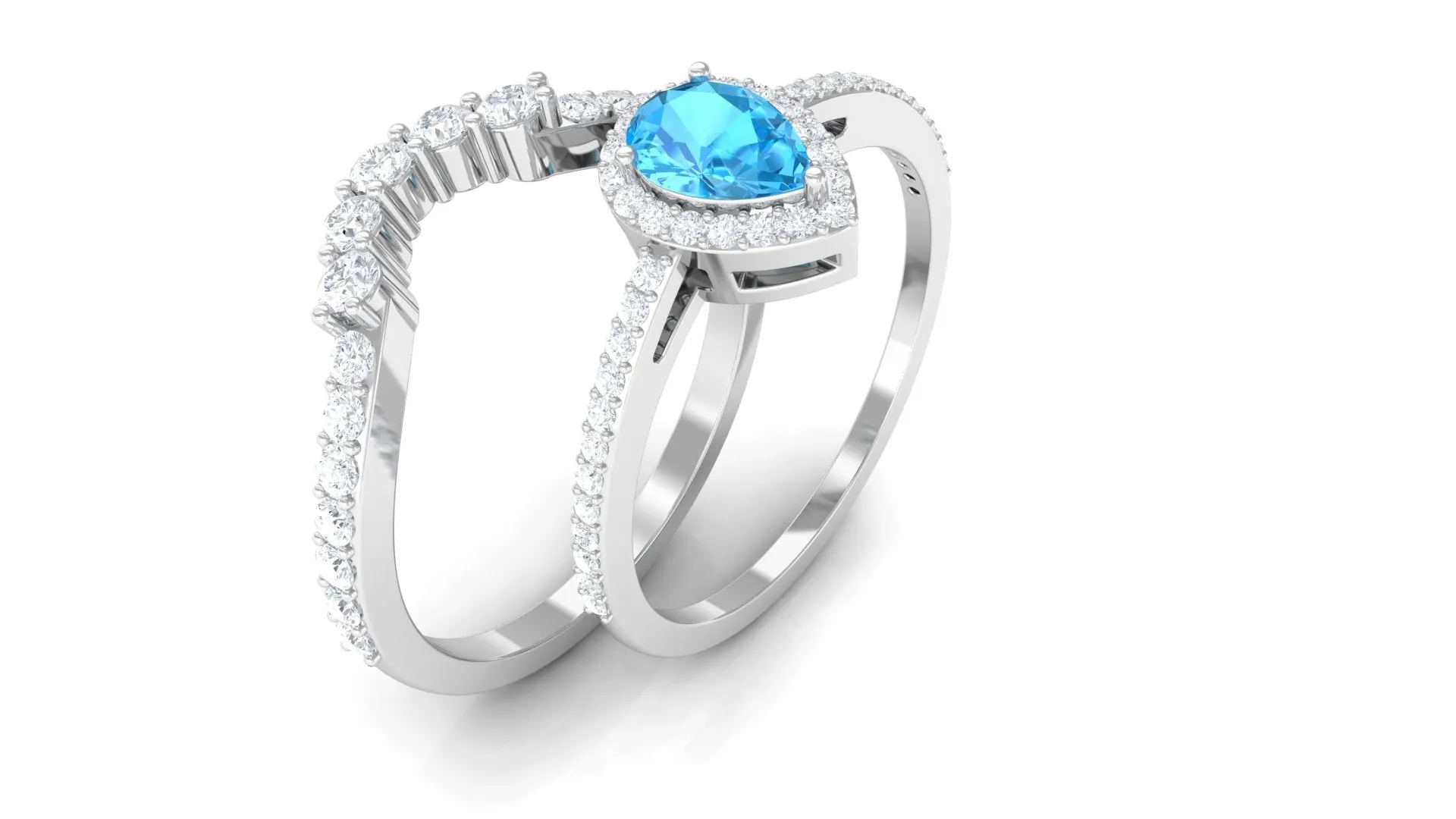 Swiss Blue Topaz Teardrop Designer Ring Set with Moissanite