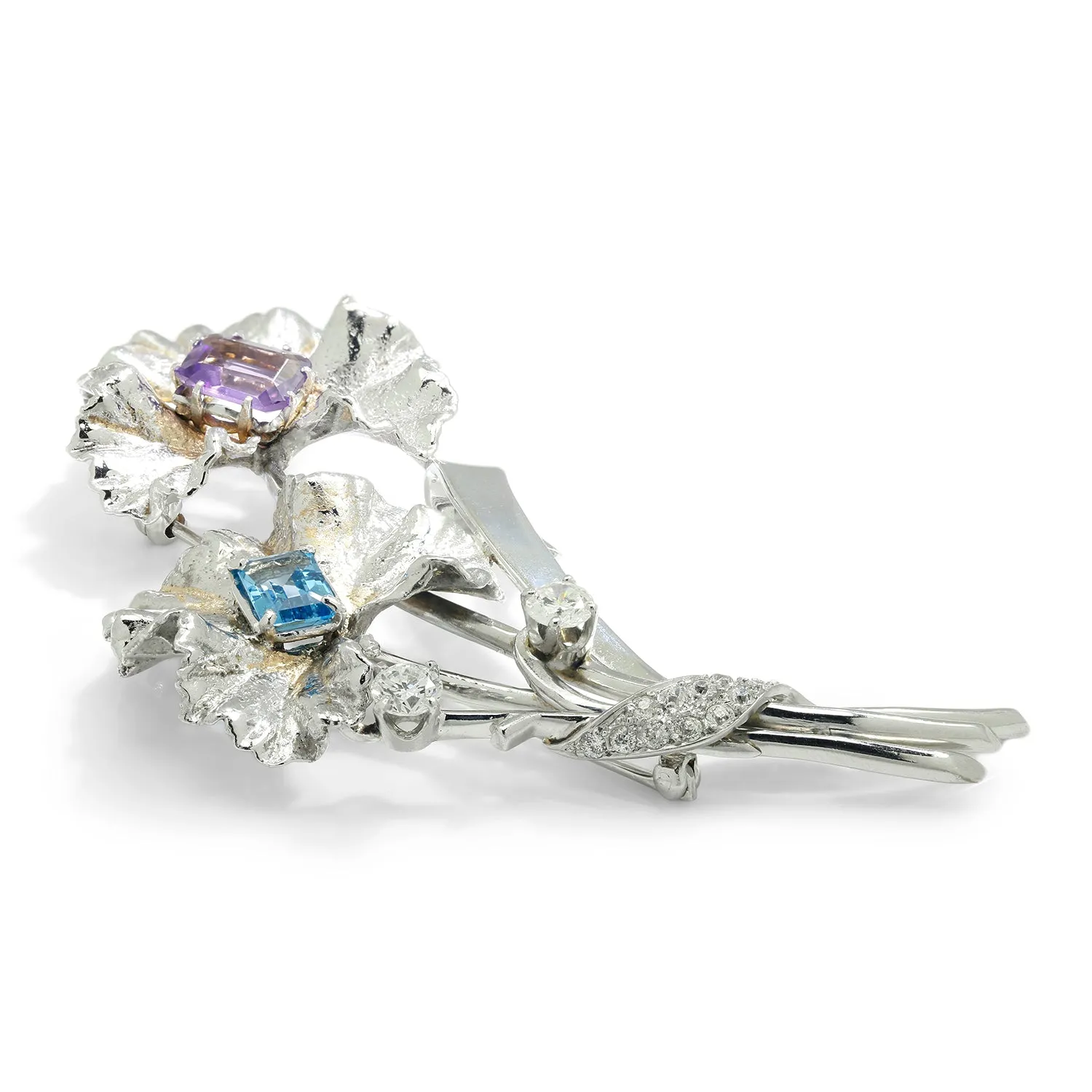 Topaz and Amethyst Flower Brooch Pin with Diamonds White Gold