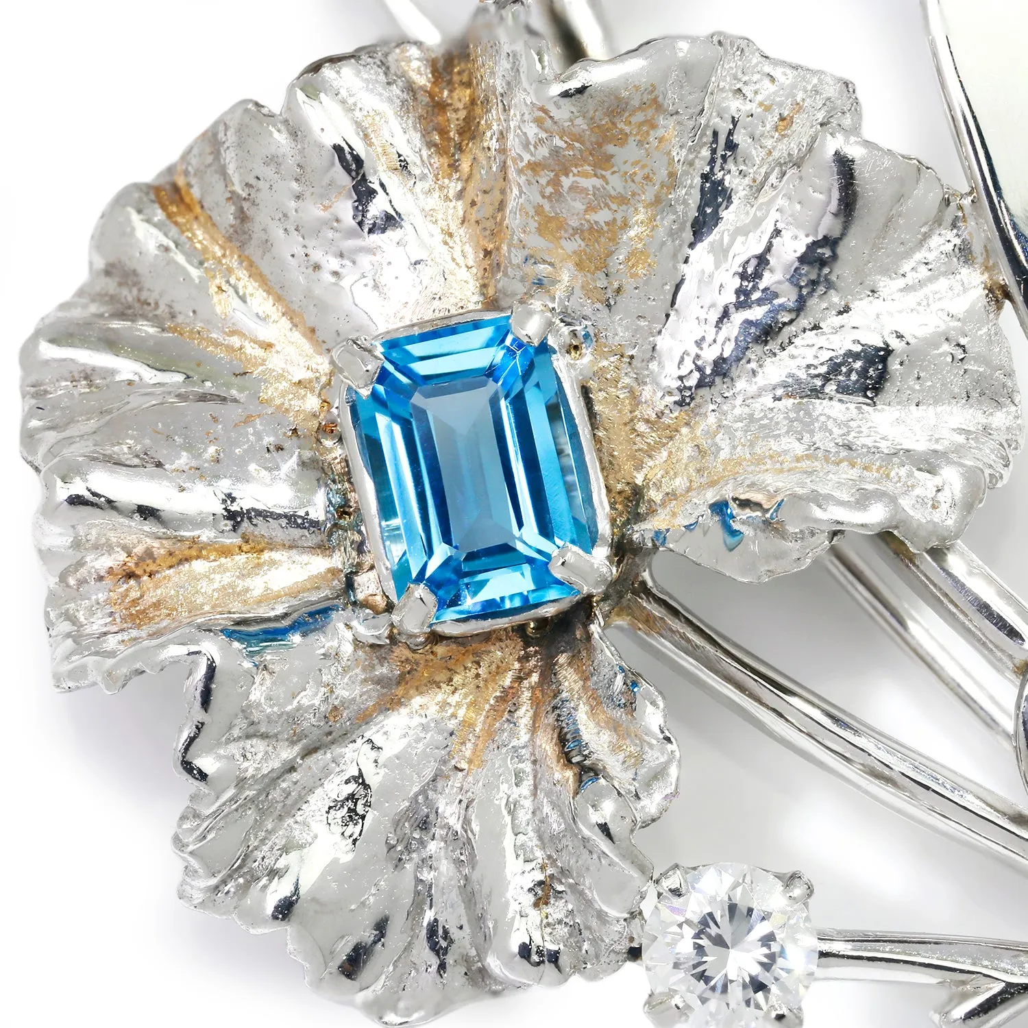 Topaz and Amethyst Flower Brooch Pin with Diamonds White Gold