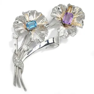 Topaz and Amethyst Flower Brooch Pin with Diamonds White Gold