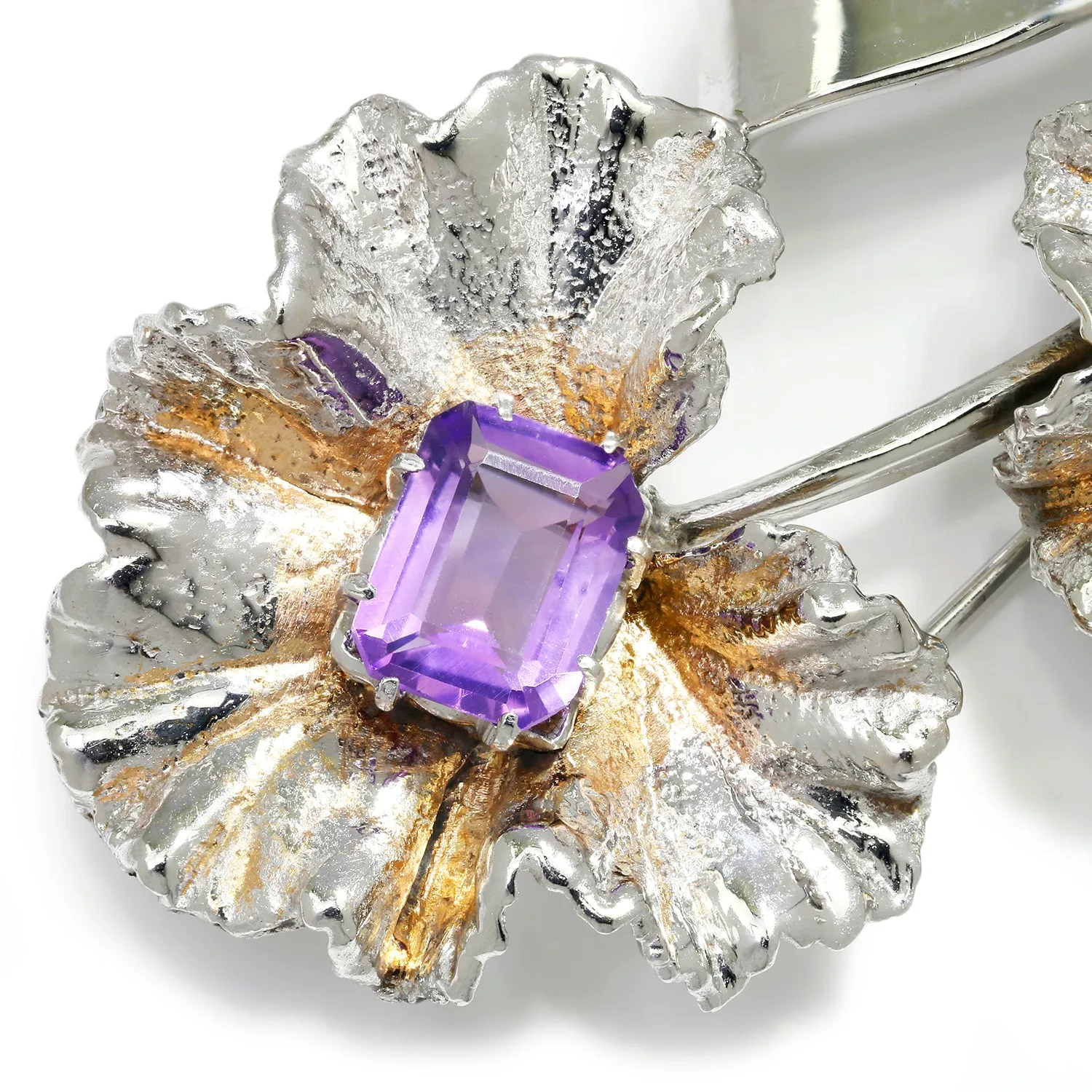 Topaz and Amethyst Flower Brooch Pin with Diamonds White Gold