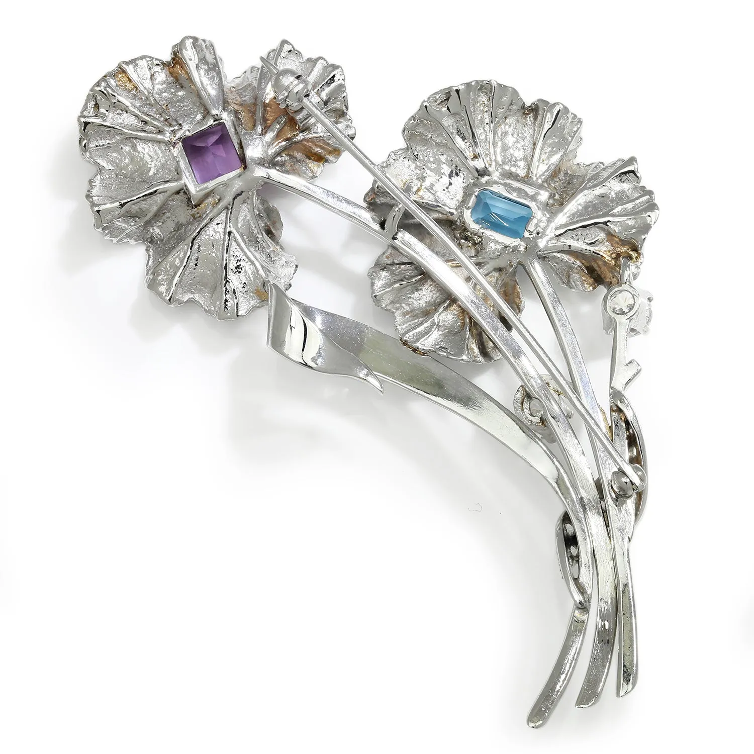 Topaz and Amethyst Flower Brooch Pin with Diamonds White Gold