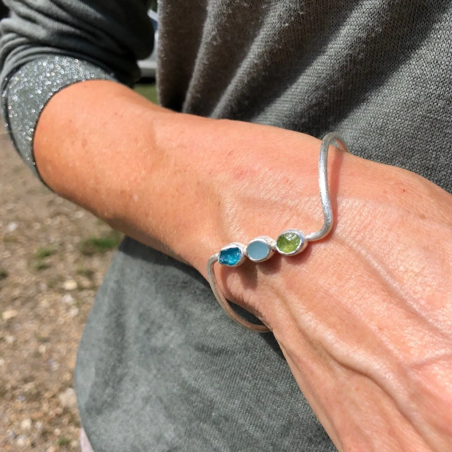 Trio Rough Stone Cuff Bracelet in Sterling Silver