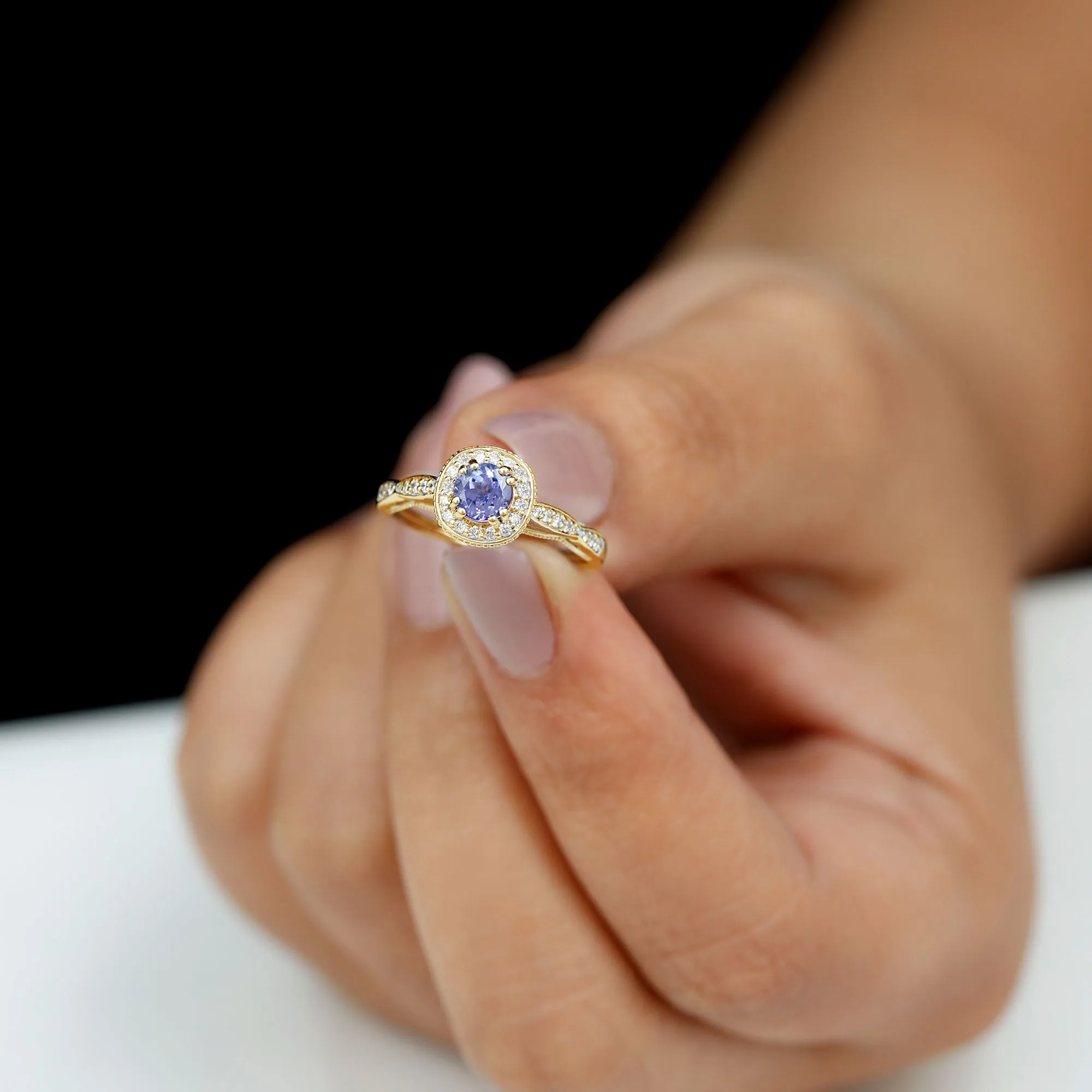 Vintage Inspired Round Tanzanite Engagement Ring with Diamond Halo