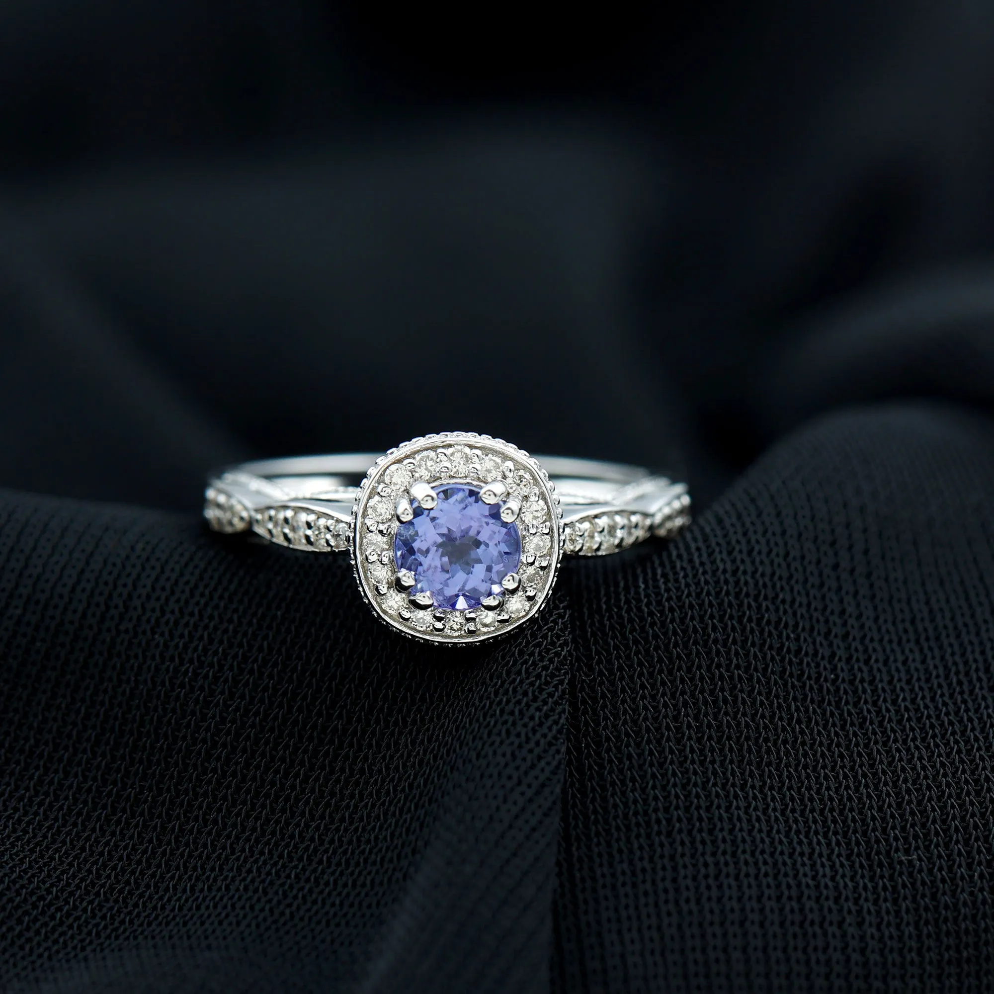 Vintage Inspired Round Tanzanite Engagement Ring with Diamond Halo