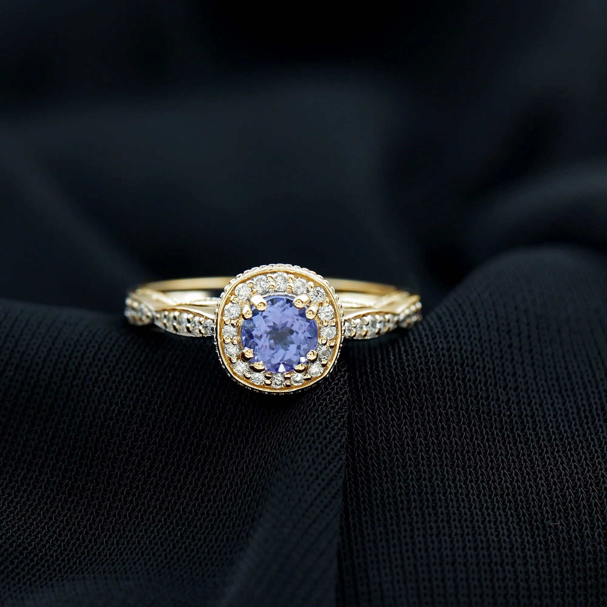 Vintage Inspired Round Tanzanite Engagement Ring with Diamond Halo