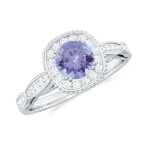 Vintage Inspired Round Tanzanite Engagement Ring with Diamond Halo