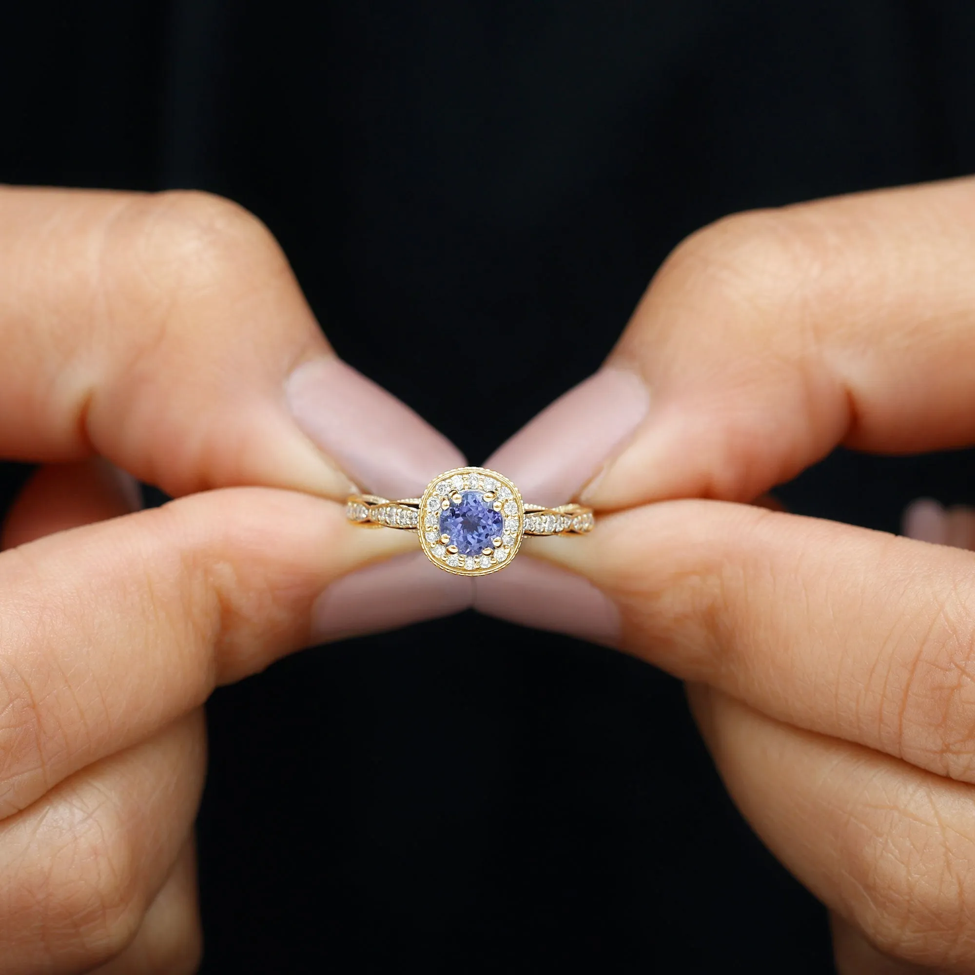 Vintage Inspired Round Tanzanite Engagement Ring with Diamond Halo