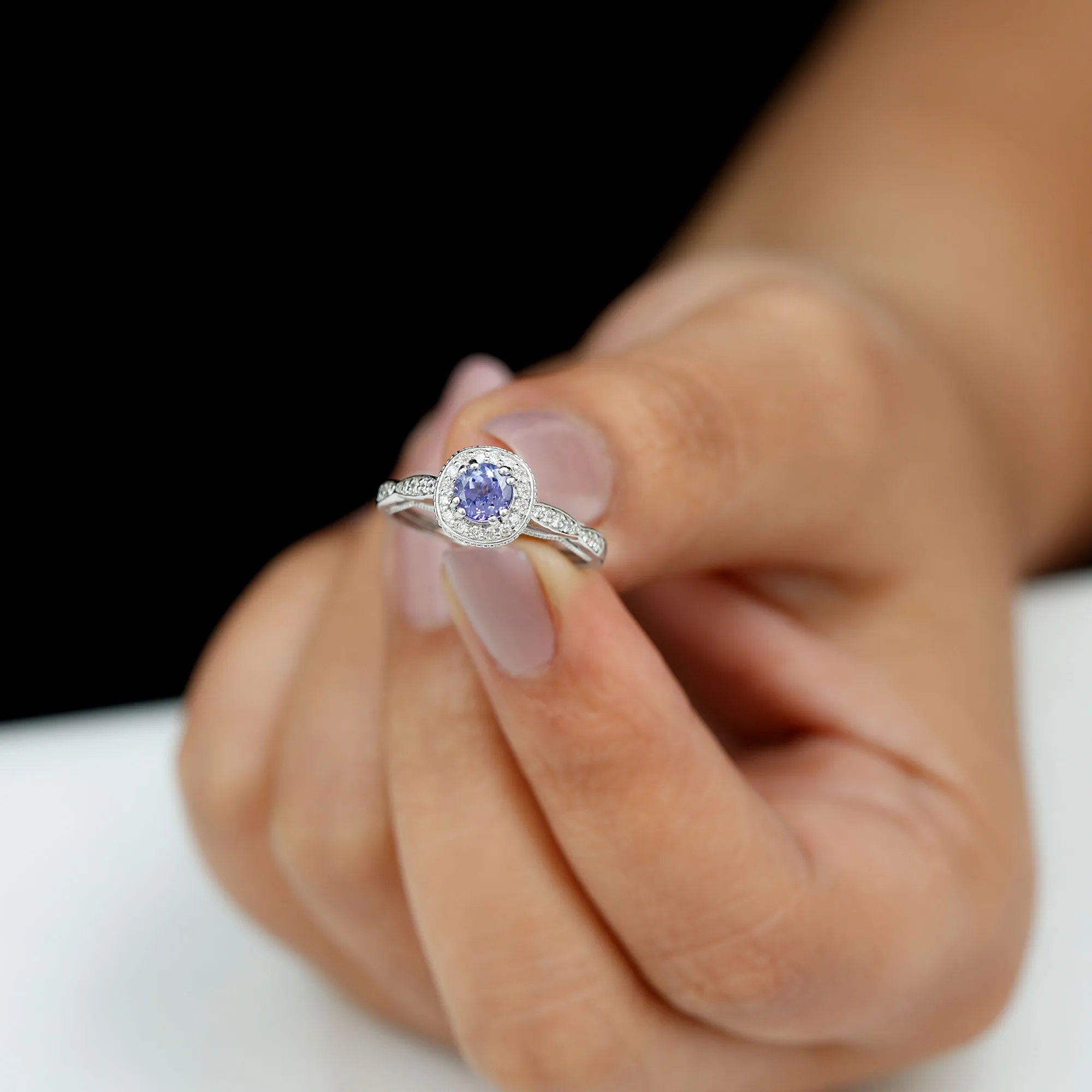 Vintage Inspired Round Tanzanite Engagement Ring with Diamond Halo