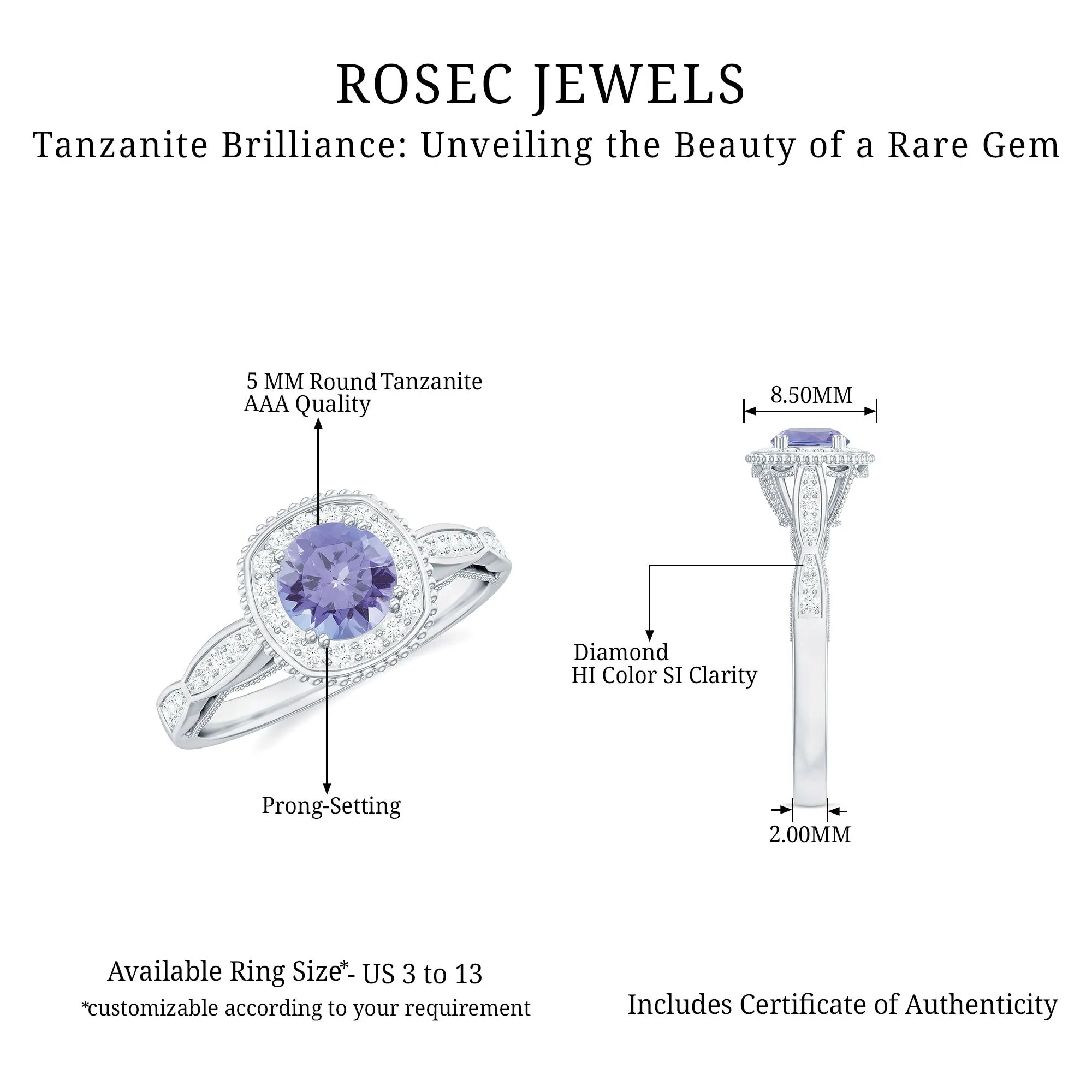 Vintage Inspired Round Tanzanite Engagement Ring with Diamond Halo