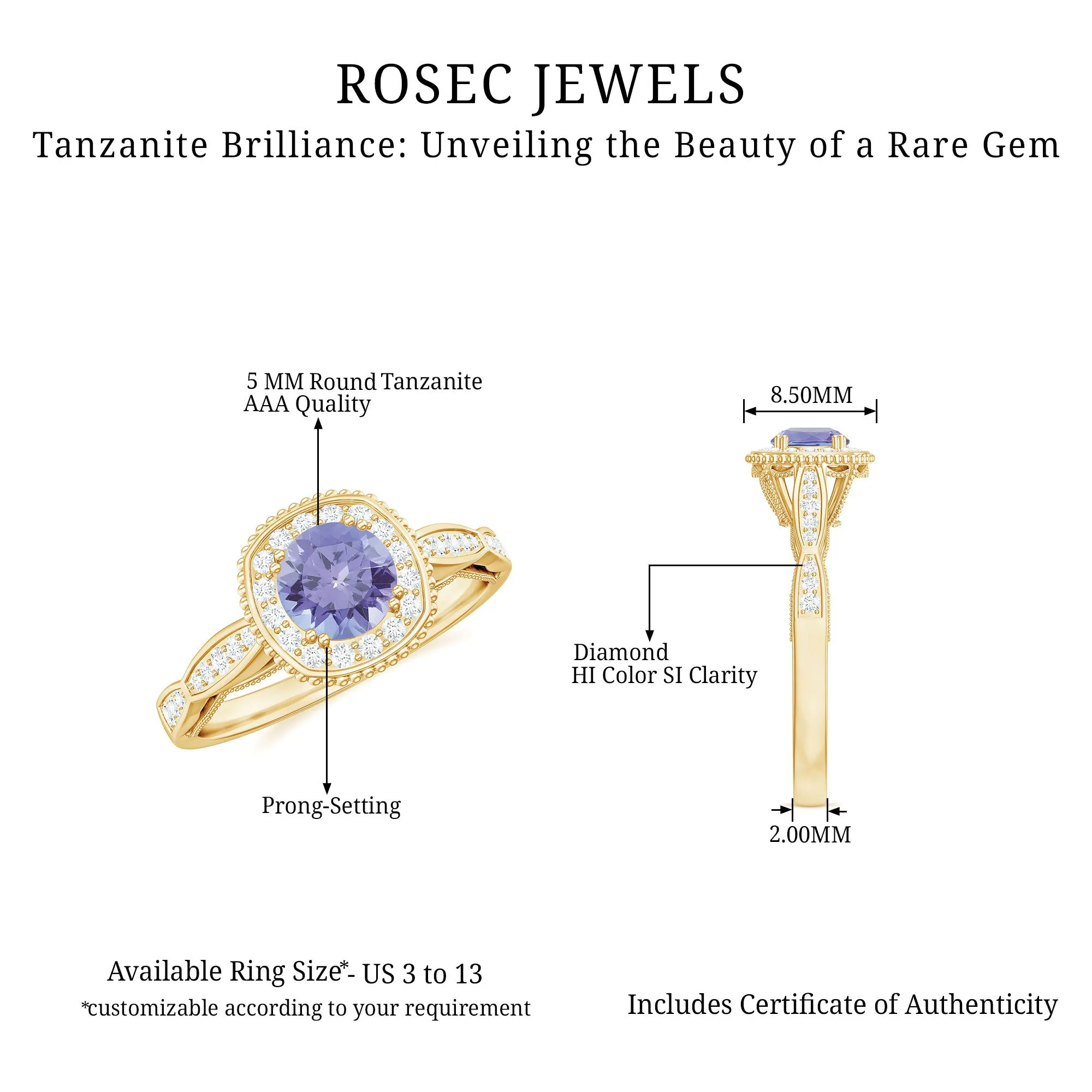 Vintage Inspired Round Tanzanite Engagement Ring with Diamond Halo