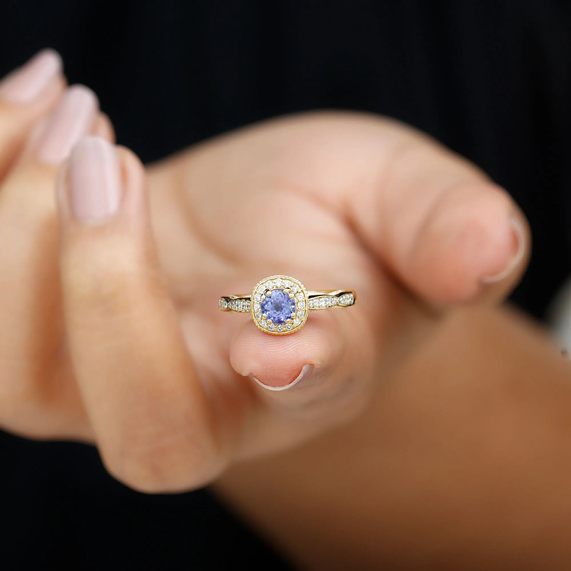 Vintage Inspired Round Tanzanite Engagement Ring with Diamond Halo