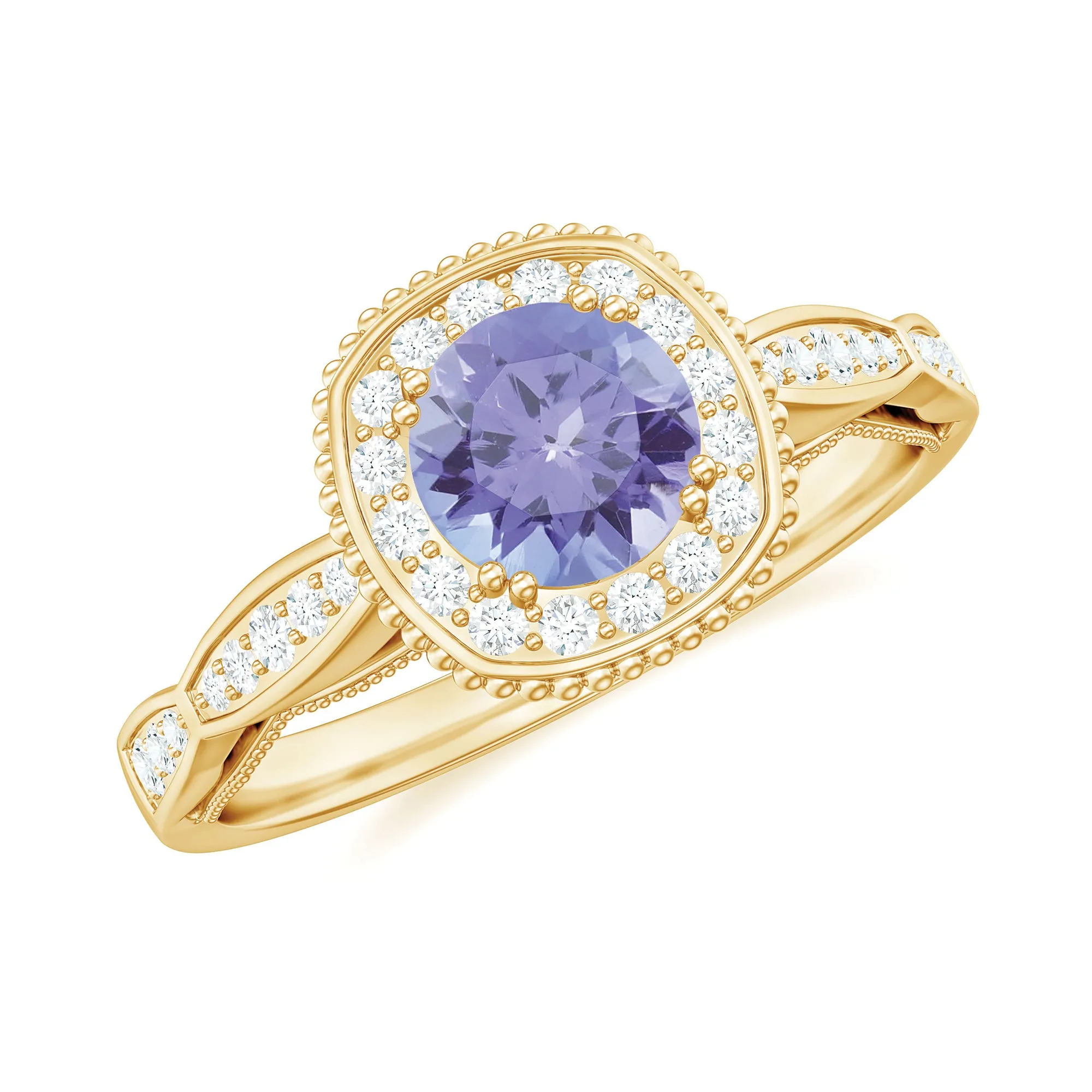 Vintage Inspired Round Tanzanite Engagement Ring with Diamond Halo