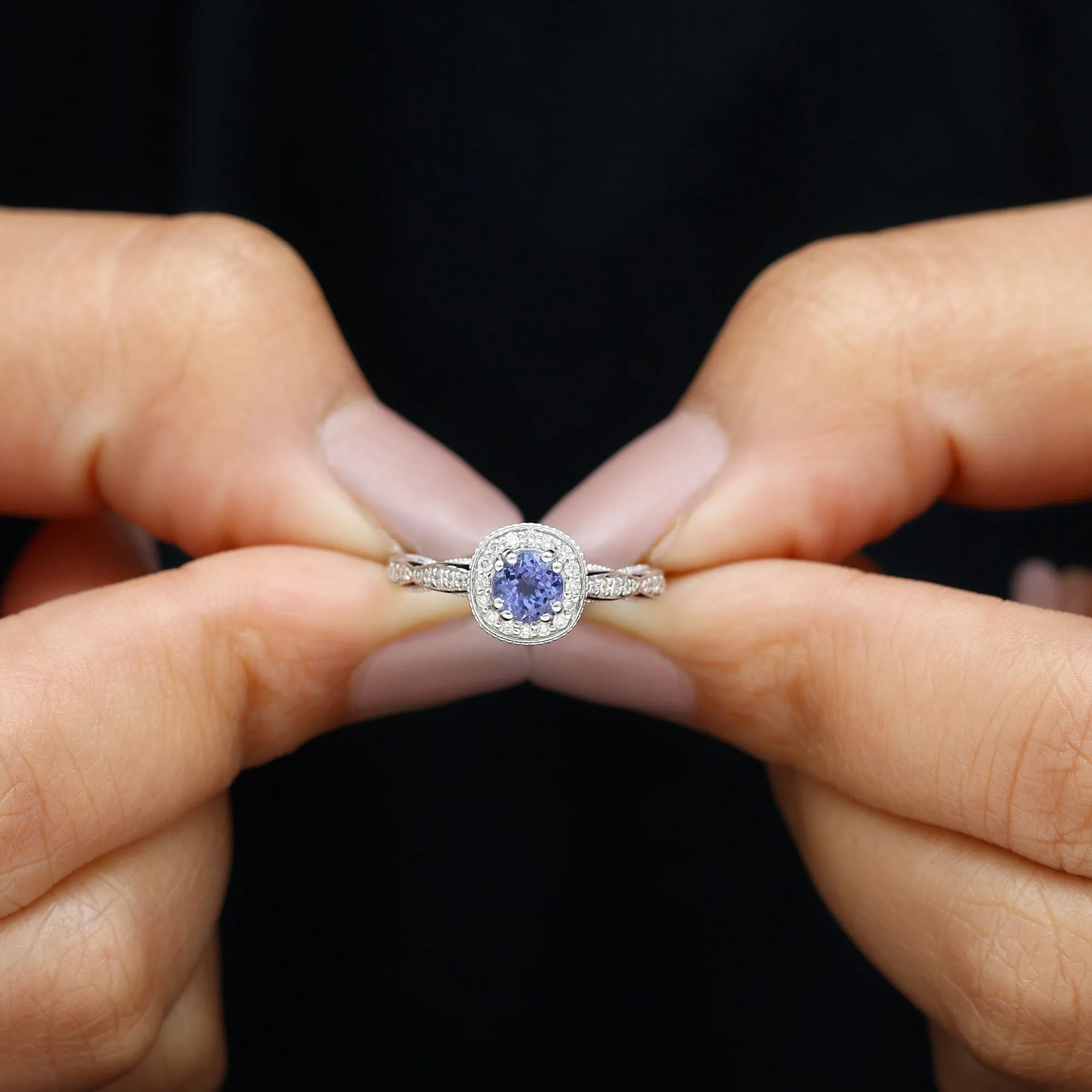 Vintage Inspired Round Tanzanite Engagement Ring with Diamond Halo