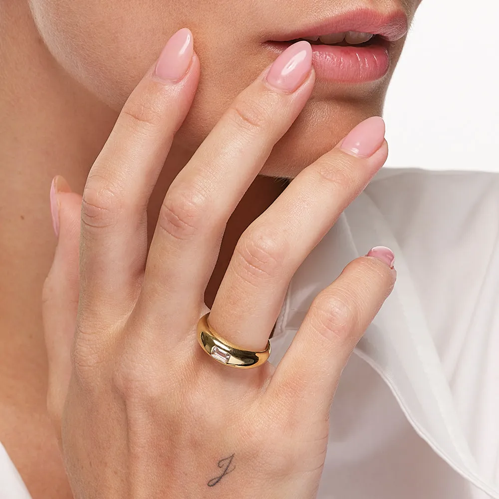 White Topaz Baguette Curve Pinky Ring in Gold